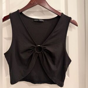 SHEIN Ribbed Black Silver Ring Accent Crop Top